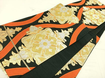 平和屋着物◎六通柄袋帯 立涌正倉院花文 黒地 金銀糸 正絹 逸品 AAAT6165yx