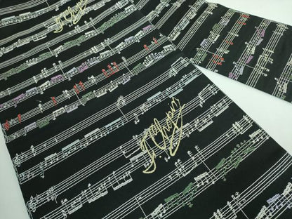 平和屋本店●極上 九寸名古屋帯 音符 楽譜 ショパン Chopin 黒地 逸品 DZAA5175kh5