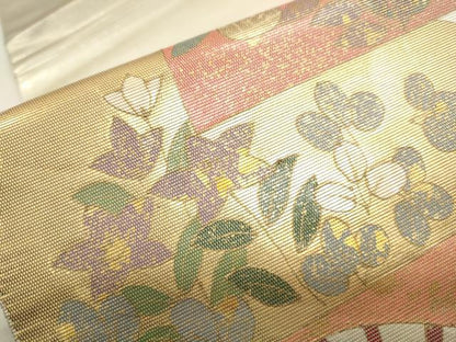 平和屋着物▼太鼓柄袋帯 螺鈿箔 扇面草花文 金彩 引箔 正絹 逸品 CAAR1527hy
