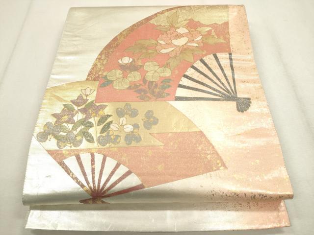 平和屋着物▼太鼓柄袋帯 螺鈿箔 扇面草花文 金彩 引箔 正絹 逸品 CAAR1527hy