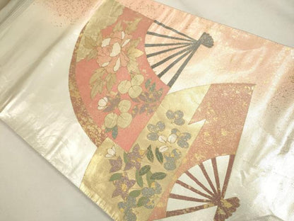 平和屋着物▼太鼓柄袋帯 螺鈿箔 扇面草花文 金彩 引箔 正絹 逸品 CAAR1527hy