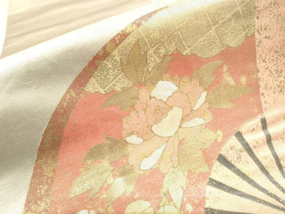 平和屋着物▼太鼓柄袋帯 螺鈿箔 扇面草花文 金彩 引箔 正絹 逸品 CAAR1527hy