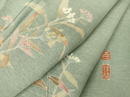 平和屋着物▽京加賀友禅　百貫達雄　訪問着　単衣　枝花文　正絹　逸品　DAAQ4439az
