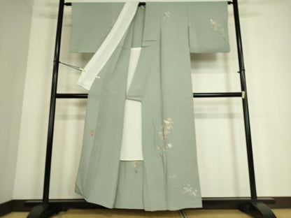 平和屋着物▽京加賀友禅　百貫達雄　訪問着　単衣　枝花文　正絹　逸品　DAAQ4439az