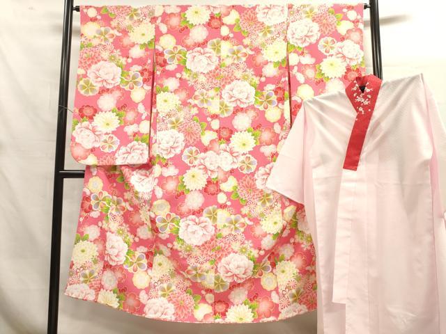 平和屋着物∵女の子　十三参り　子供　祝着・襦袢(半衿刺繍)セット　舞花文　金彩　洗える着物　DAAR1360jm