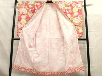 平和屋着物∵女の子　十三参り　子供　祝着・襦袢(半衿刺繍)セット　舞花文　金彩　洗える着物　DAAR1360jm