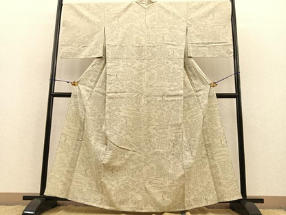 平和屋着物▽上質な紬 単衣 80亀甲 風景文 正絹 逸品 BAAS8328hv