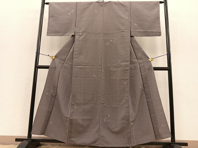 平和屋着物▽上質なお召　単衣　刺繍　舞葉文　正絹　逸品　BAAS8345hv