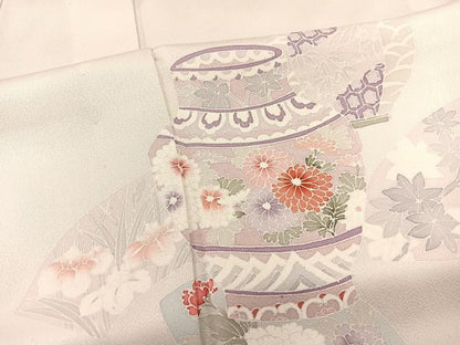 平和屋着物▽訪問着 単衣 陶器花文 正絹 逸品 BAAS8344hv
