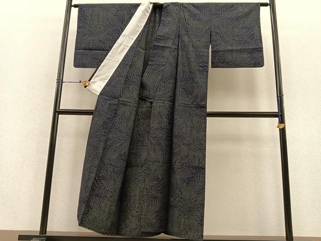 平和屋着物▽上質な紬 単衣 草葉文 正絹 逸品 BAAS8353hv
