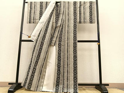 平和屋着物▽上質な紬 単衣 菱間道 正絹 逸品 BAAS8383hv