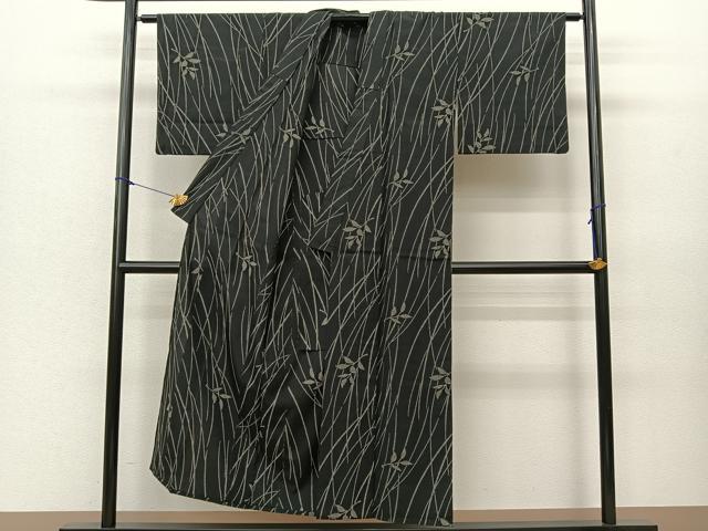 平和屋着物▽紬 単衣 枝葉文 黒地 洗える着物 BAAS8011yc
