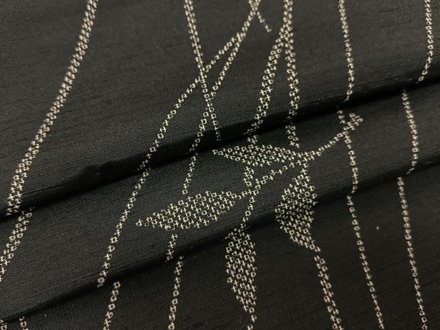 平和屋着物▽紬 単衣 枝葉文 黒地 洗える着物 BAAS8011yc