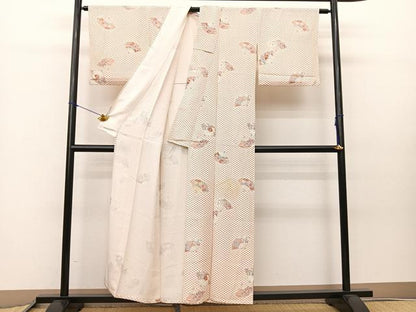 平和屋着物▽上質な小紋 単衣 扇面花文 正絹 逸品 BAAS8003yc