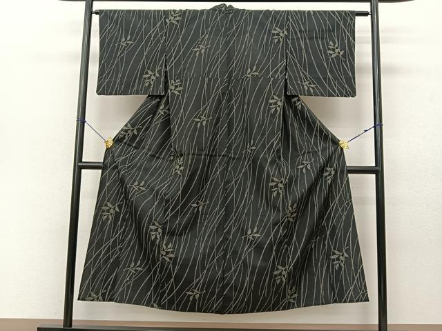 平和屋着物▽紬 単衣 枝葉文 黒地 洗える着物 BAAS8011yc