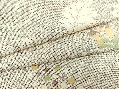 平和屋着物▽上質な紬　単衣　葡萄蔦の葉文　正絹　逸品　BAAS8020yc