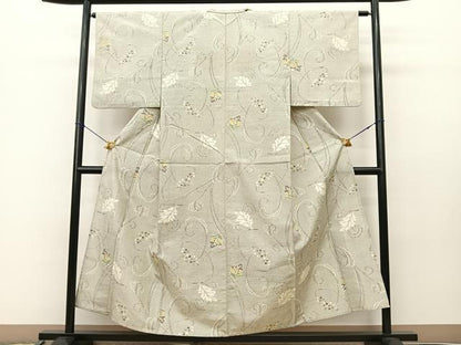 平和屋着物▽上質な紬　単衣　葡萄蔦の葉文　正絹　逸品　BAAS8020yc