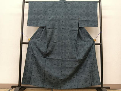 平和屋着物▽結城紬 単衣 80亀甲 飛び亀甲 幾何学文様 正絹 逸品 BAAS8021yc