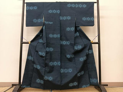 平和屋着物▽上質な紬 単衣 横段花菱文 正絹 逸品 BAAS8016yc