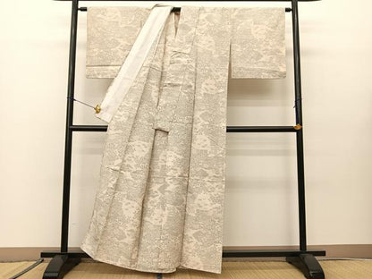平和屋着物▽上質な紬 単衣 雲取り風景花文 正絹 逸品 BAAS8012yc