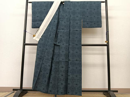 平和屋着物▽結城紬 単衣 80亀甲 飛び亀甲 幾何学文様 正絹 逸品 BAAS8021yc