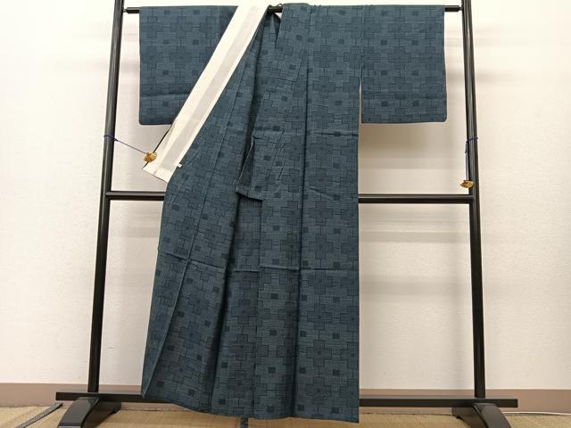平和屋着物▽結城紬 単衣 80亀甲 飛び亀甲 幾何学文様 正絹 逸品 BAAS8021yc