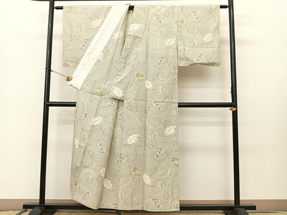 平和屋着物▽上質な紬　単衣　葡萄蔦の葉文　正絹　逸品　BAAS8020yc