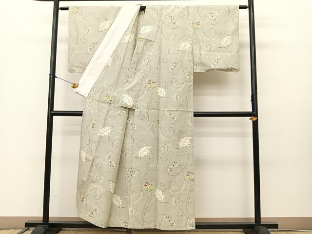 平和屋着物▽上質な紬　単衣　葡萄蔦の葉文　正絹　逸品　BAAS8020yc