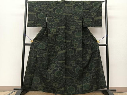 平和屋着物▽上質な紬 単衣 風景花文 黒地 正絹 逸品 BAAS8025yc