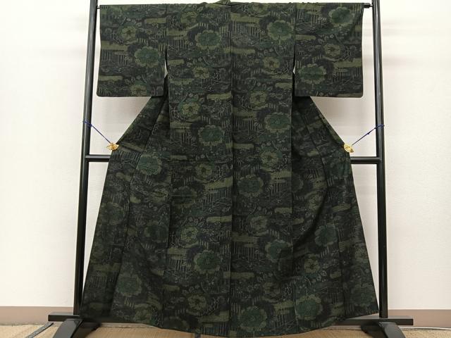 平和屋着物▽上質な紬 単衣 風景花文 黒地 正絹 逸品 BAAS8025yc