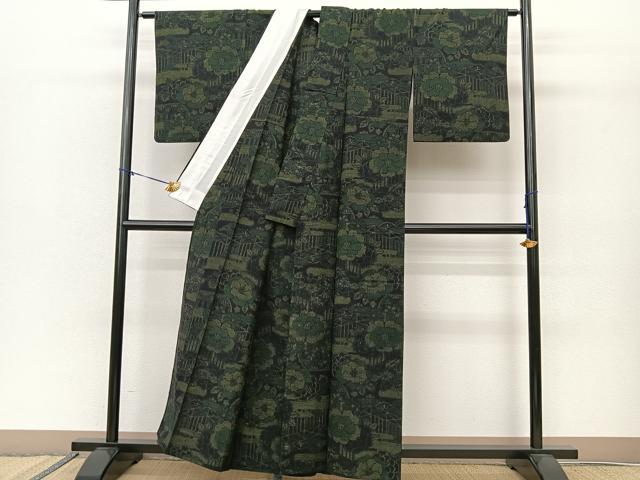 平和屋着物▽上質な紬 単衣 風景花文 黒地 正絹 逸品 BAAS8025yc