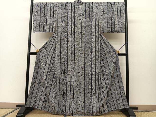 平和屋着物▽上質な小紋　単衣　型染め　草花間道　正絹　逸品　BAAS8037yc