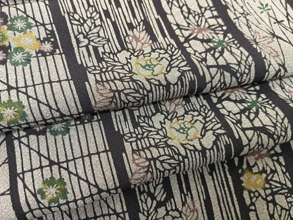 平和屋着物▽上質な小紋　単衣　型染め　草花間道　正絹　逸品　BAAS8037yc