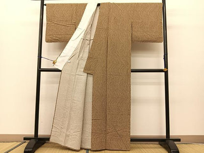 平和屋着物▽上質な紬 単衣 石畳よろけ文 正絹 逸品 BAAS8040yc