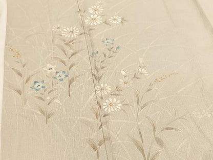 平和屋着物▽訪問着　単衣　手描き　刺繍　秋草文　金糸　正絹　逸品　BAAS8042yc