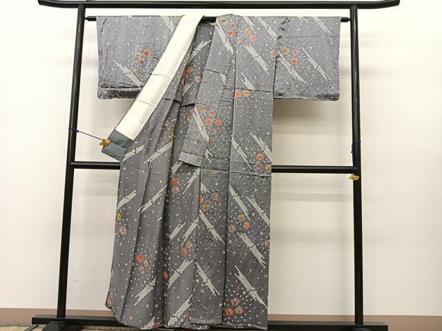 平和屋着物▽上質な小紋 単衣 絞り 斜線花文 正絹 逸品 未使用 BAAS8041yc