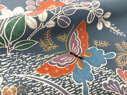 平和屋着物▽上質な小紋　単衣　花車花蝶文　正絹　逸品　未使用　BAAS8047yc
