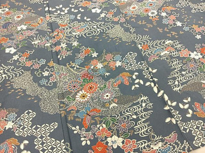 平和屋着物▽上質な小紋　単衣　花車花蝶文　正絹　逸品　未使用　BAAS8047yc