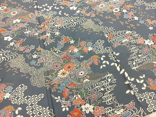 平和屋着物▽上質な小紋　単衣　花車花蝶文　正絹　逸品　未使用　BAAS8047yc