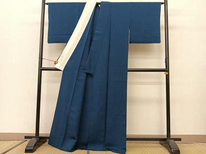 平和屋着物▽上質な色無地 単衣 青藍色 鬼しぼ縮緬 正絹 逸品 未使用 BAAS8053yc