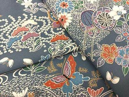 平和屋着物▽上質な小紋　単衣　花車花蝶文　正絹　逸品　未使用　BAAS8047yc