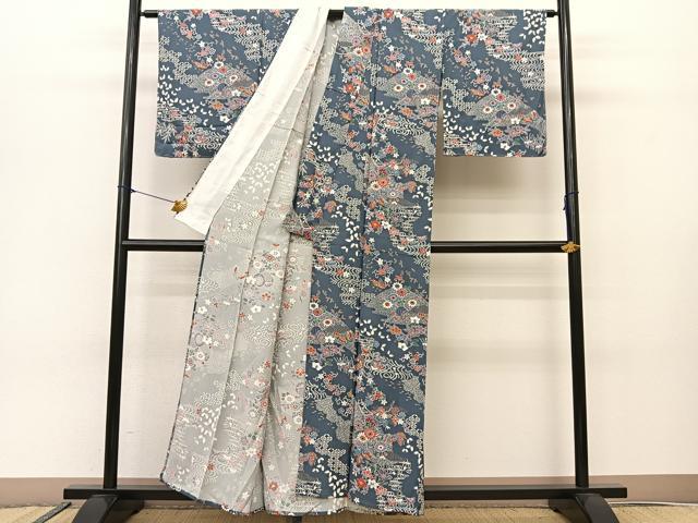 平和屋着物▽上質な小紋　単衣　花車花蝶文　正絹　逸品　未使用　BAAS8047yc