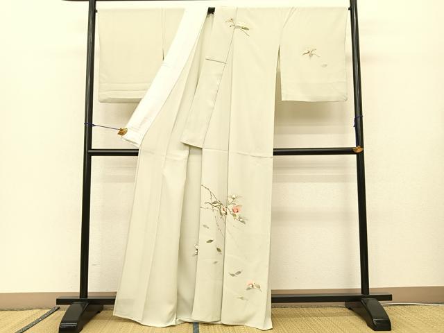 平和屋着物▽訪問着 単衣 手描き 椿 正絹 逸品 BAAS8051yc