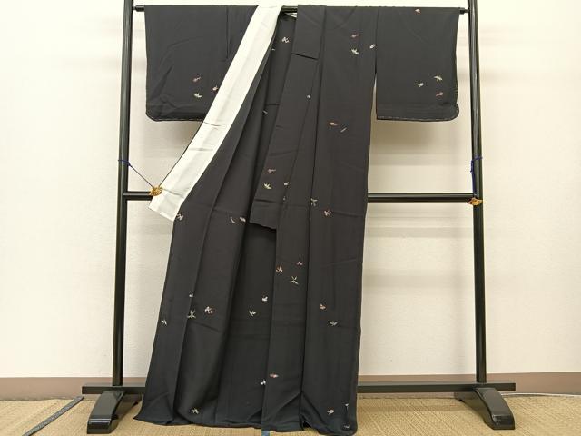 平和屋着物▽上質な小紋 単衣 ロング丈 総刺繍 草花文 黒地 金糸 正絹 逸品 未使用 BAAS8070yc