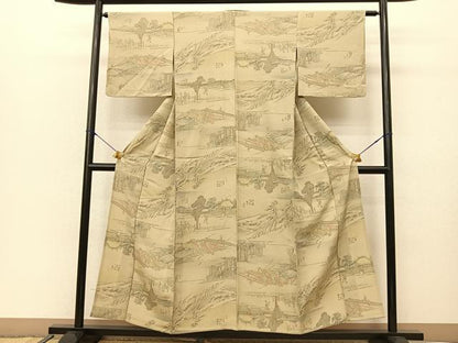 平和屋着物▽上質な小紋 単衣 東海道五十三次 正絹 逸品 BAAS8072yc