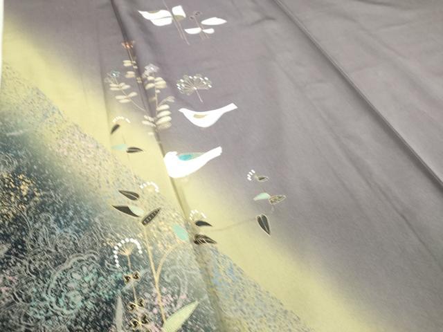 平和屋着物▽訪問着　単衣　花鳥文　暈し染め　金彩　正絹　逸品　DAAQ4509az