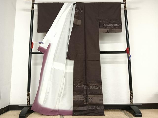 平和屋着物●本場大島紬　訪問着　屋久杉染　横段花文　くぼた織物謹製　証紙付き　正絹　逸品　未使用　AAAT9382np