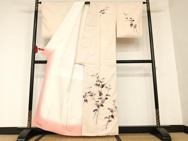 平和屋着物●訪問着　友禅　紬地　枝花文　正絹　逸品　AAAT0639zg