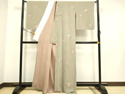 平和屋着物▽上質な小紋　単衣　椿　鬼しぼ縮緬　正絹　逸品　DAAR5358du