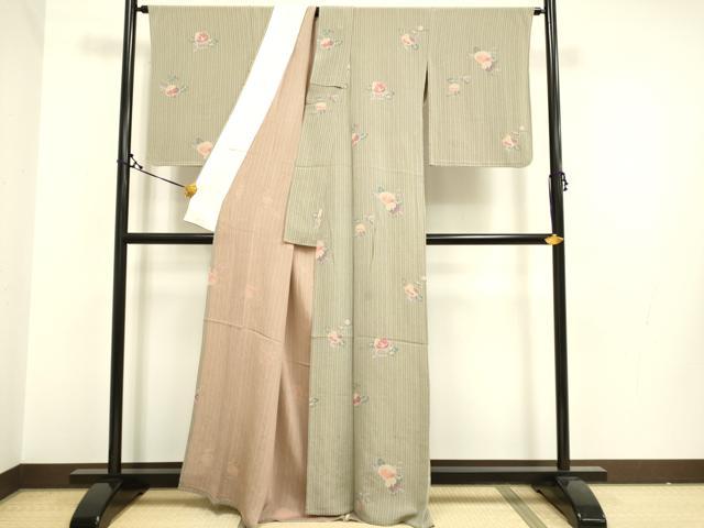 平和屋着物▽上質な小紋　単衣　椿　鬼しぼ縮緬　正絹　逸品　DAAR5358du